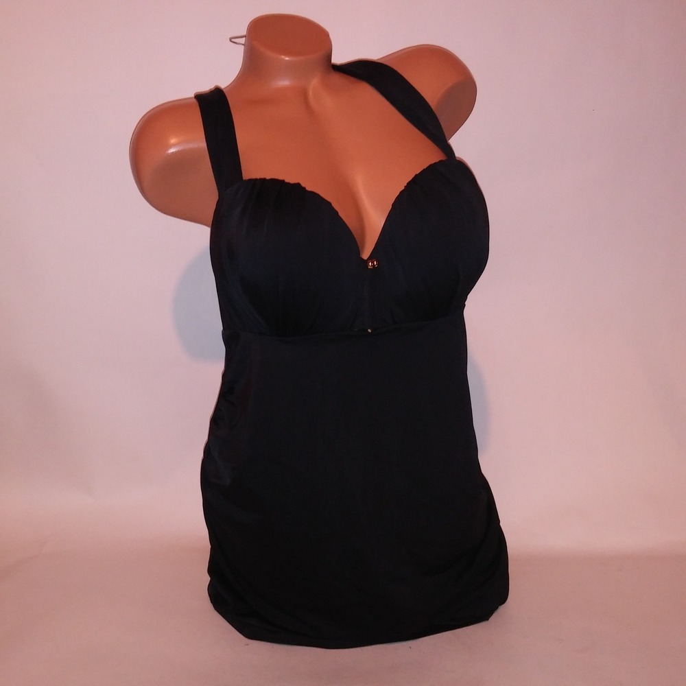 Cacique Swim Tankini Top 42D Solid Black Lightly Lined Scrunch